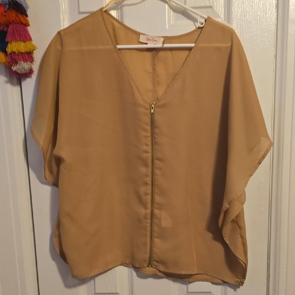 Uno CORE Tan V-Neck Blouse with Zipper